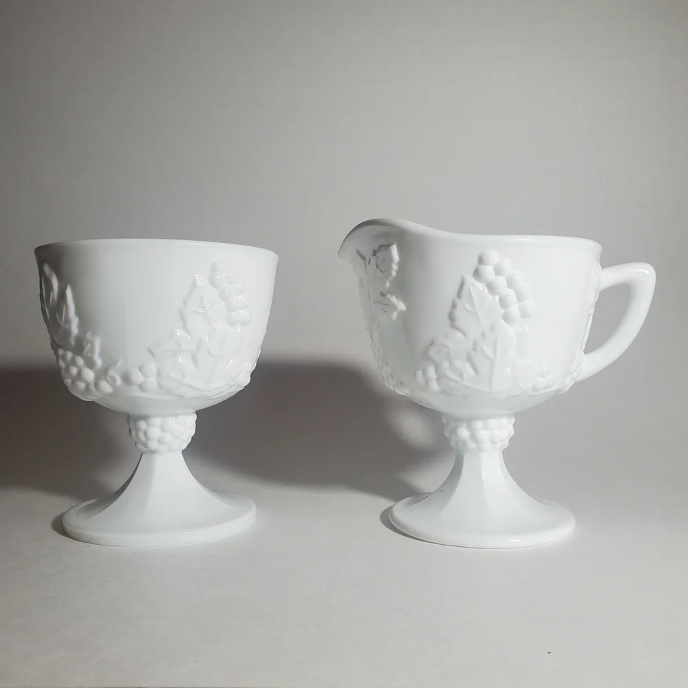 Vintage Indiana Glass Colony Harvest Grape Milk Glass Creamer & Sugar Bowl Set